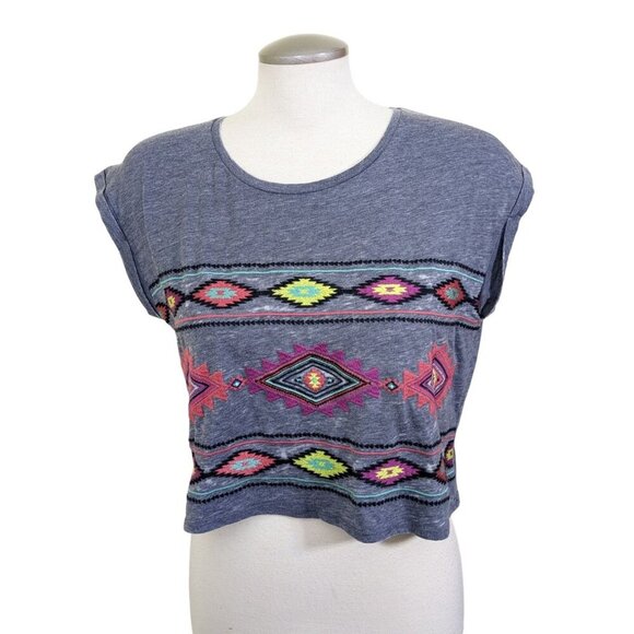 Womens Large Cropped T Shirt Top Southwest Aztec Gray Cotton Blend Boho Summer - Picture 1 of 8